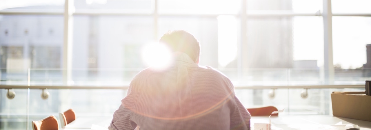 view of a person from behind sitting at a conference table who is backlit by the sun coming through a window.
