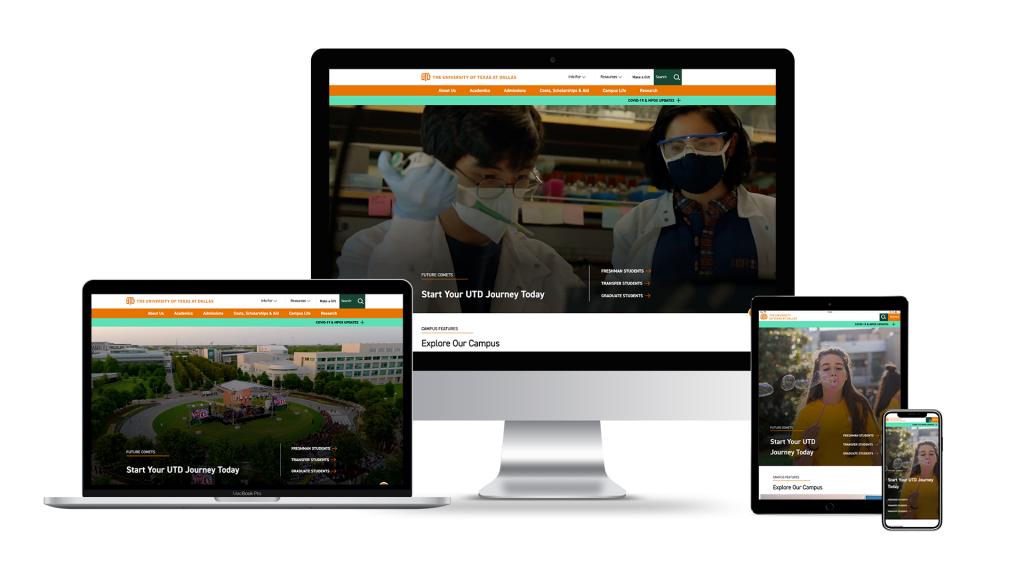 image of the UT Dallas website displayed on desktop, laptop, tablet and mobile devices.